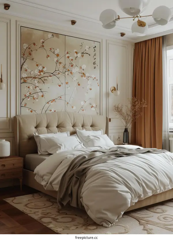 Elegant Beige Bedroom with Exquisite Wall Art