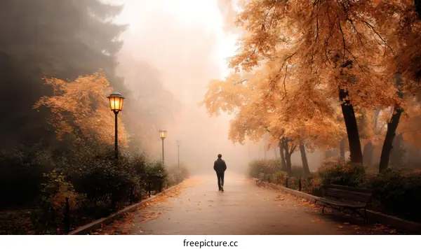 Autumnal Foggy Park Path with a Person