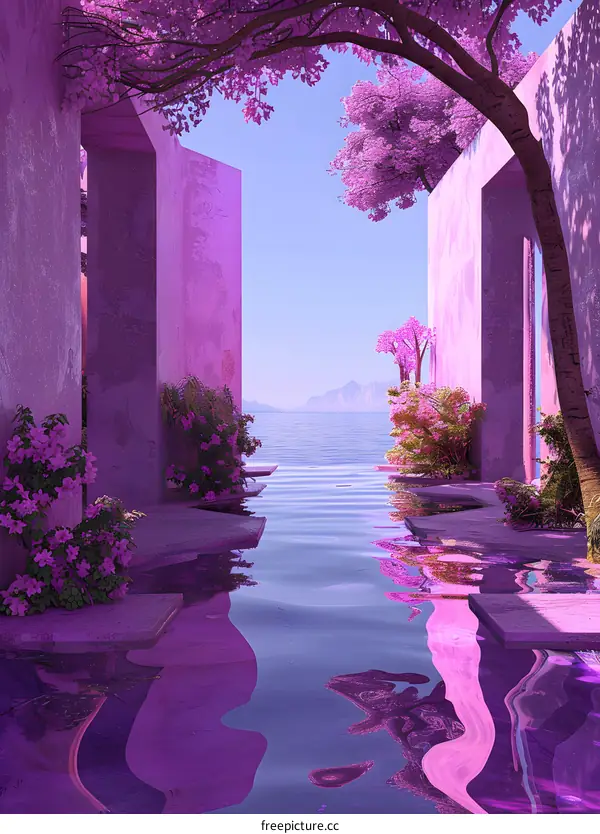 Purple Landscape with Water and Flowers