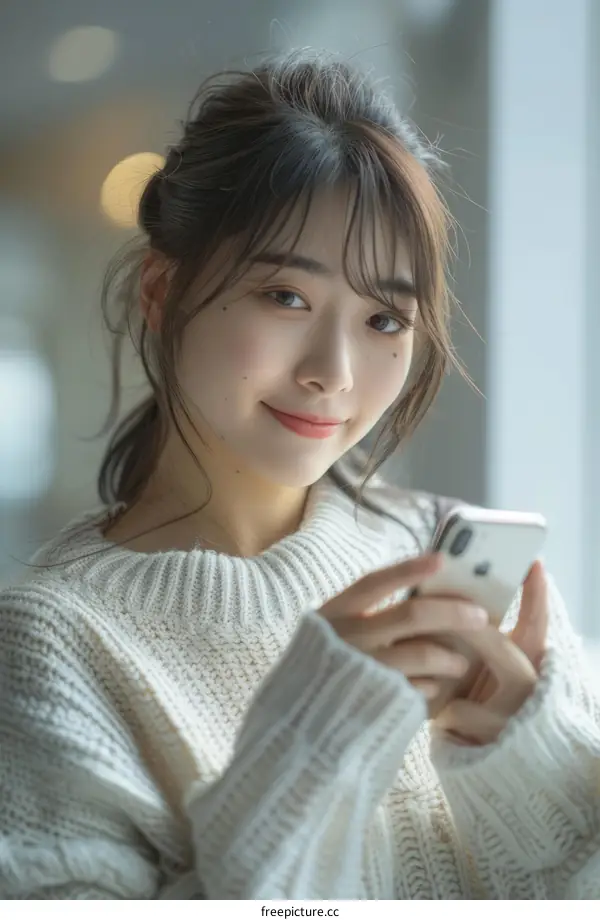 A young woman in a white sweater is smiling while looking at her phone