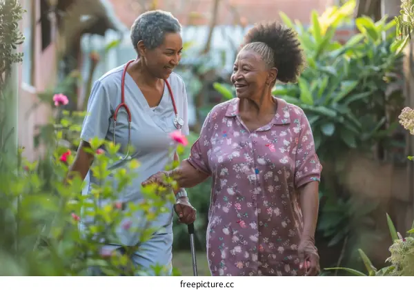 A smiling nurse is helping an elderly woman walk in the garden