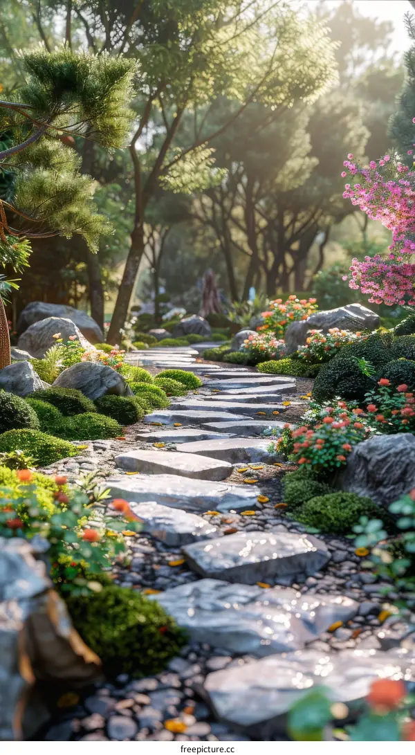 Serene Stone Path in a Lush Garden