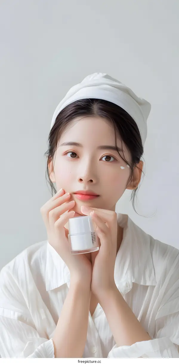Young Woman in White Shirt Holding Cosmetic Cream