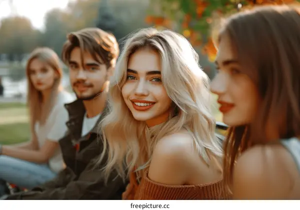 Four young friends sitting on a bench in the park