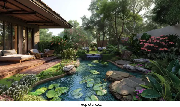 Modern Outdoor Terrace With a View of a Japanese Pond and Garden