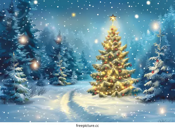 Christmas tree in a snowy forest