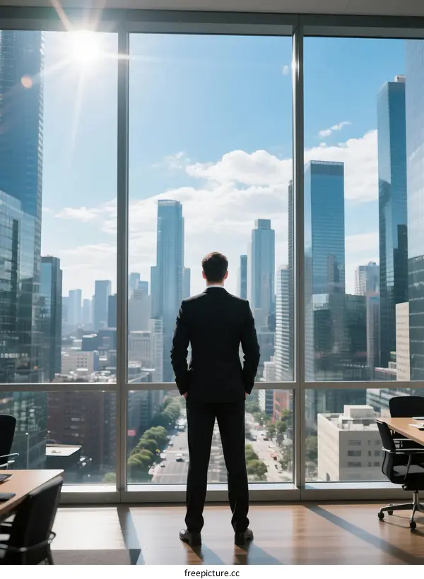 A Businessman Standing and Looking at Urban Skyline