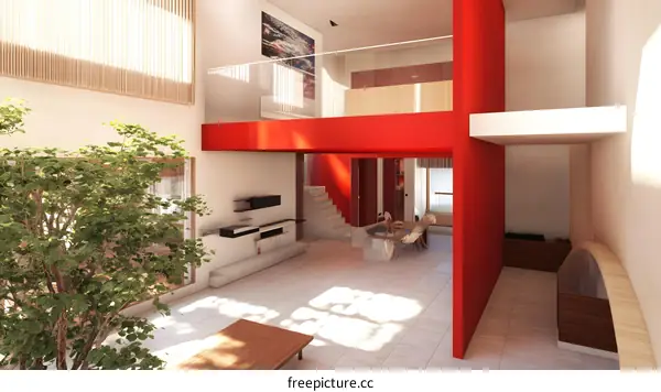 Modern House Interior Design With Red Wall and Glass Railing