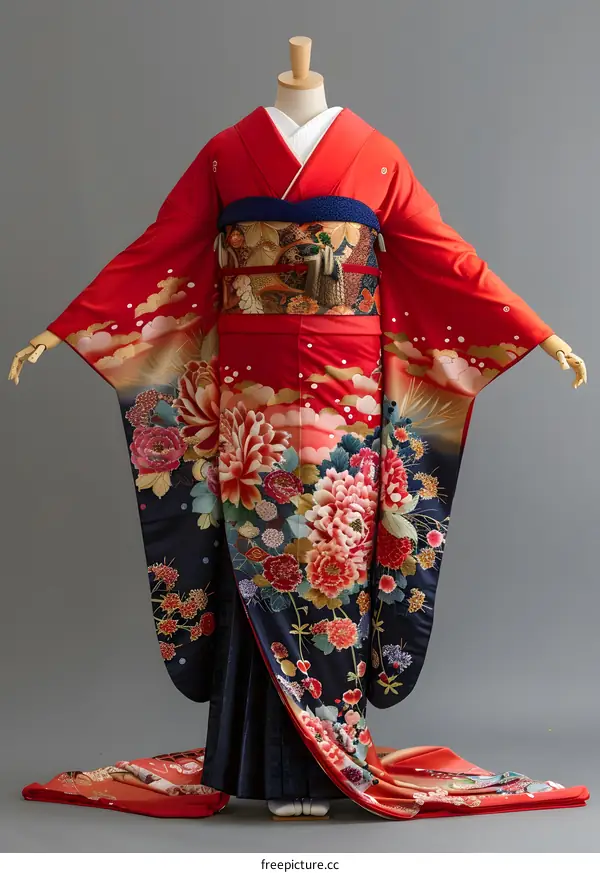 A kimono with a red background and colorful floral patterns.