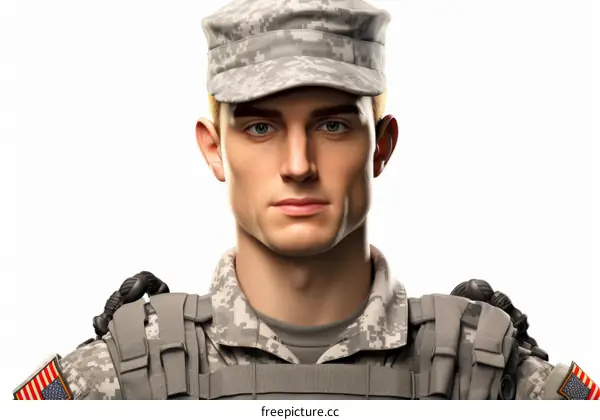 Portrait of a Young Caucasian Male Soldier in Military Uniform and with Backpack