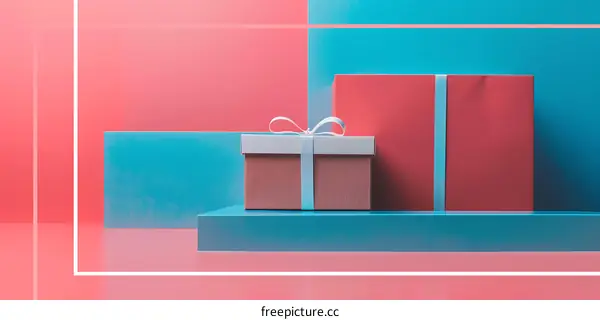 Gift Box with White Ribbon on Blue and Pink Background