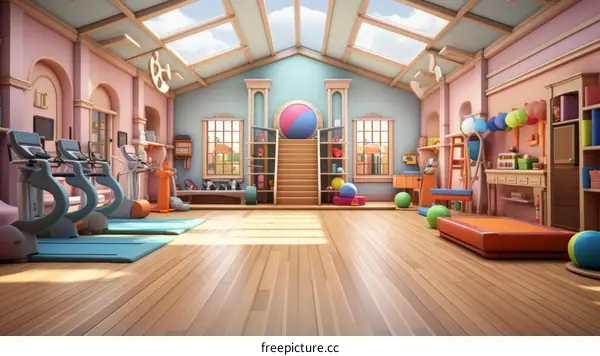 Bright and Colorful Gym with Various Exercise Equipment