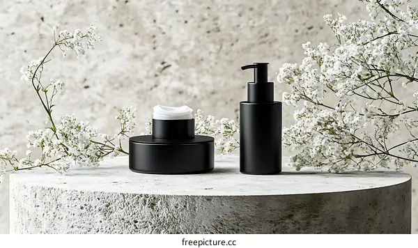 Modern Black Cosmetic Bottles with Flowers