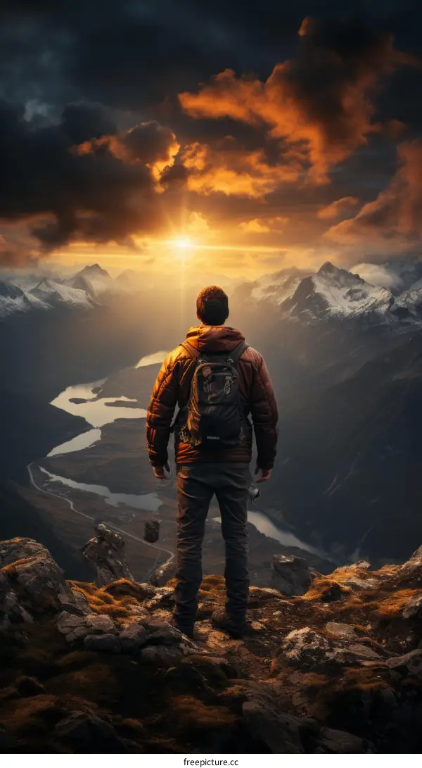 Man on Mountain Overlooking Valley with River and Mountains