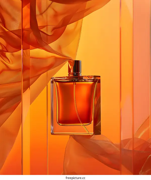 Amber Perfume Bottle With Orange Fabric Background