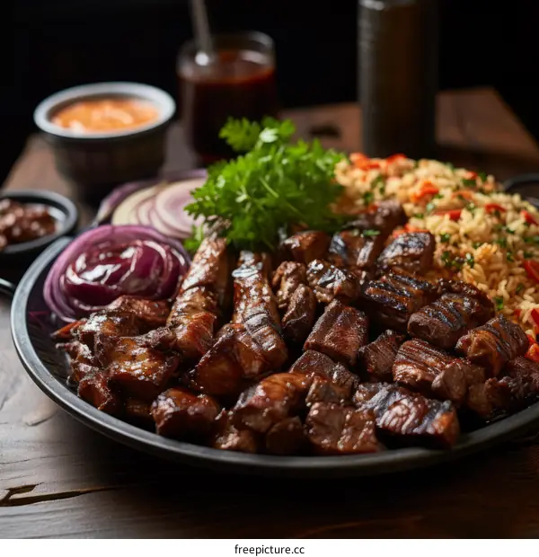 Delicious Grilled Meat Platter with Rice and Vegetables