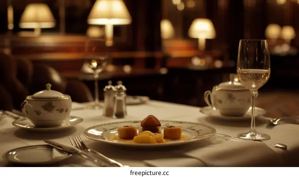 A table set with fine china and a glass of wine