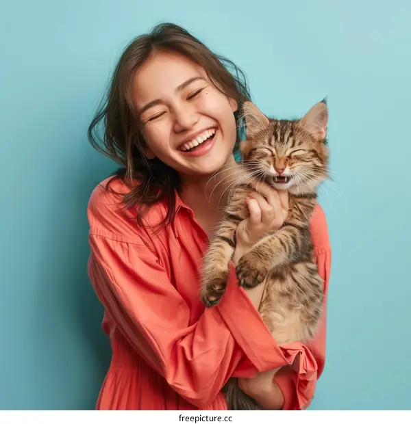 A woman is holding a cat and smiling