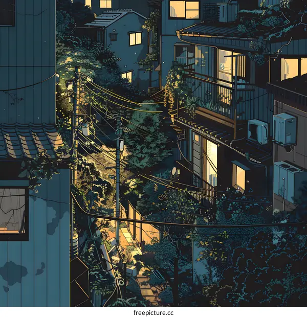 Night View Of Narrow Street With Buildings And Trees In Japan