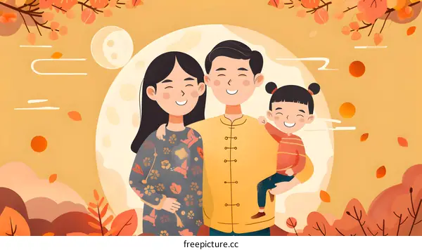 Happy Chinese Family Celebrating Mid Autumn Festival