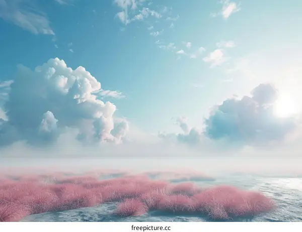 Pink Grass Landscape with Blue Sky and White Clouds