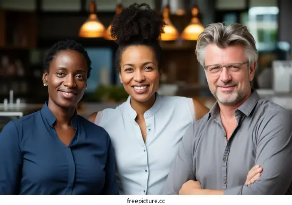 Portrait of three smiling business professionals in a modern office