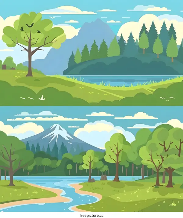 Summer Landscape with Mountains, Trees, and Rivers Illustration