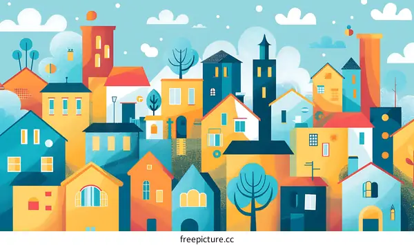 Colorful Illustration of a Small Town with Houses and Trees