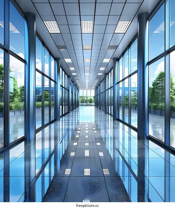 Modern Office Hallway Interior Design With Glass Walls and Ceiling