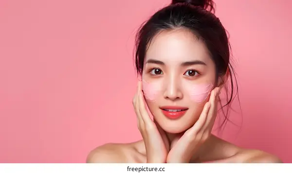 Beautiful Asian Woman Applying Pink Face Mask