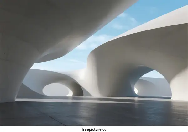 Abstract Architectural Design with Curved White Structures Under Blue Sky