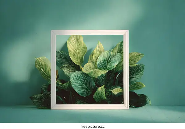 Green Plant in a White Frame on Teal Wall