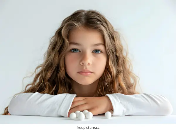 Young girl with curly blonde hair posing on a white background