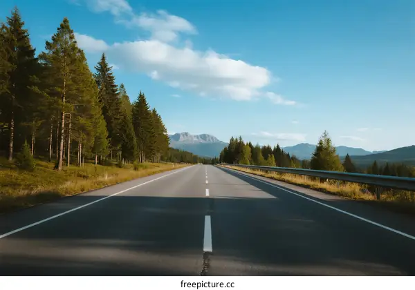 A scenic road surrounded by lush green trees under a clear blue sky
