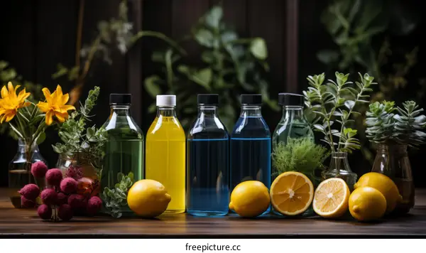 Bottles and lemons on a wooden table