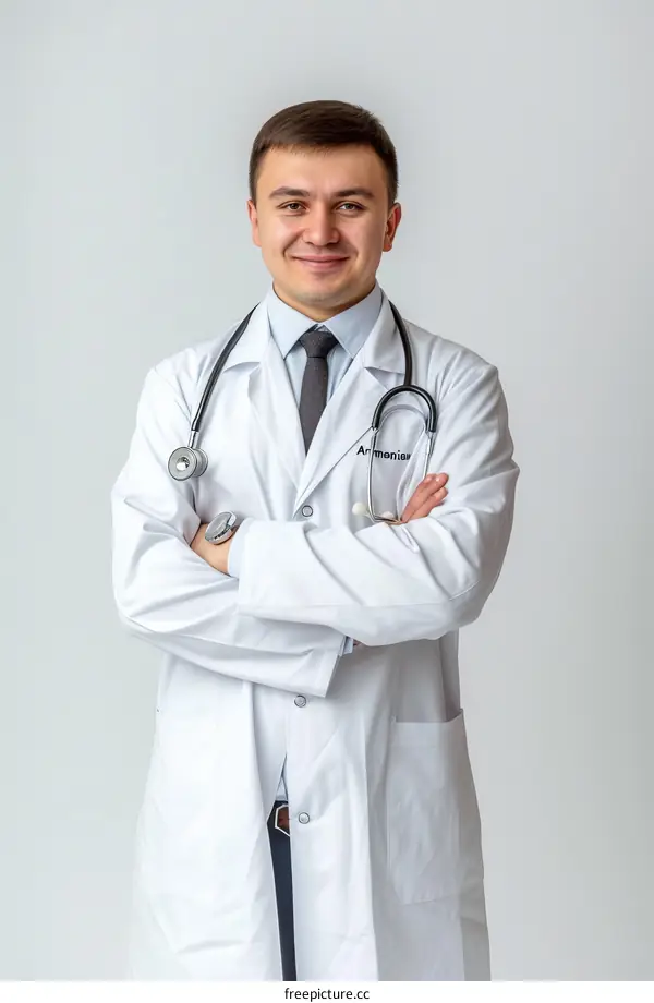 Portrait of a smiling male doctor in a white coat with a stethoscope around his neck