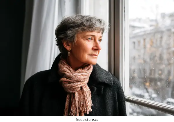 Woman Looking Out Window in Winter