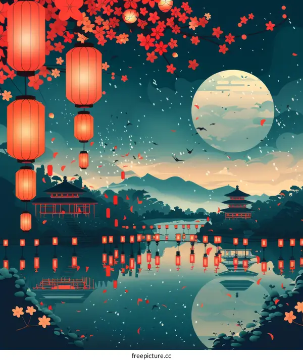 Moonlit night of cherry blossoms and traditional Japanese buildings by the water