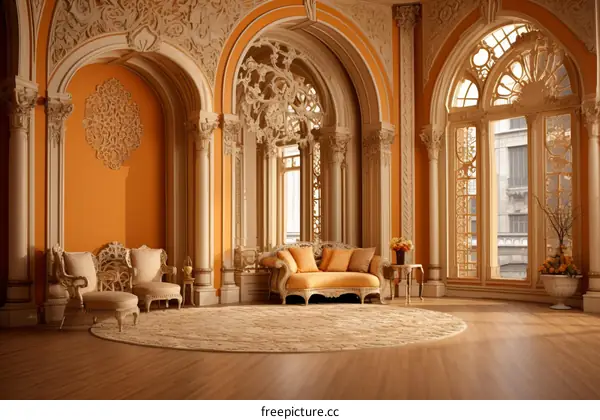 Ornate room with a sofa and two chairs