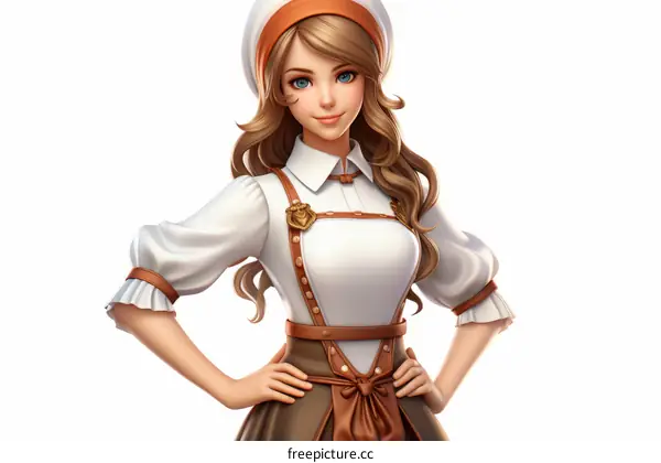 A beautiful young woman in a brown and white dress with a white hat and apron looks back at the viewer
