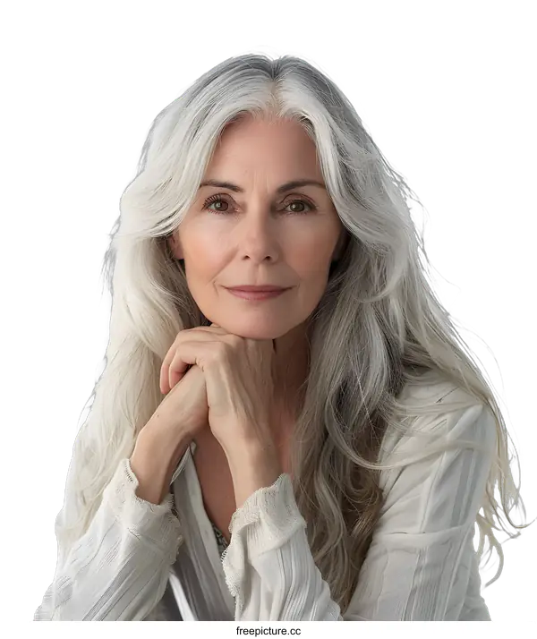 [Transparent Background PNG]Portrait of a beautiful senior woman with long gray hair