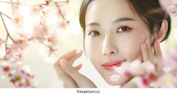 Beautiful Asian Woman with Cherry Blossom Background