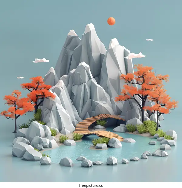Low Poly Mountain Landscape with Bridge and Trees