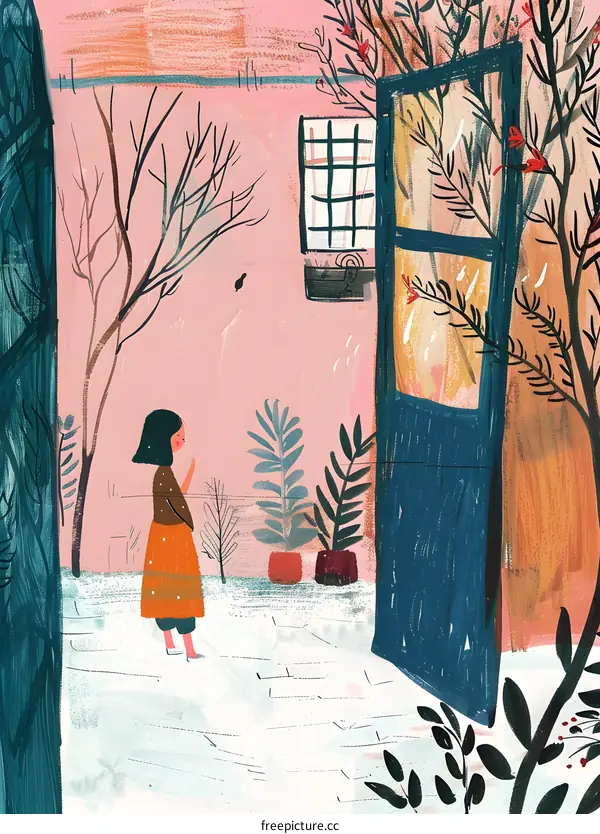 Girl Standing in Front of a Door and Looking Outside