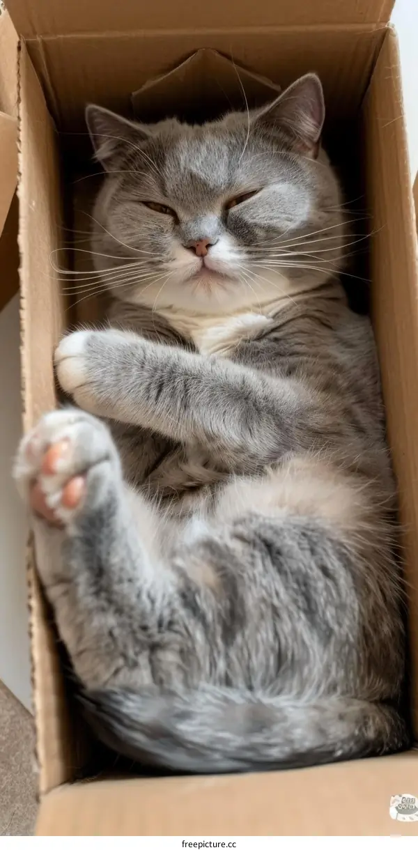 A gray and white cat is sleeping in a cardboard box