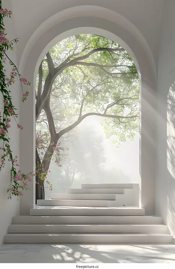 Sunlight shining through an archway with green trees in the background