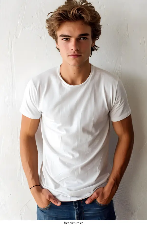 Young Man in White T-Shirt and Jeans
