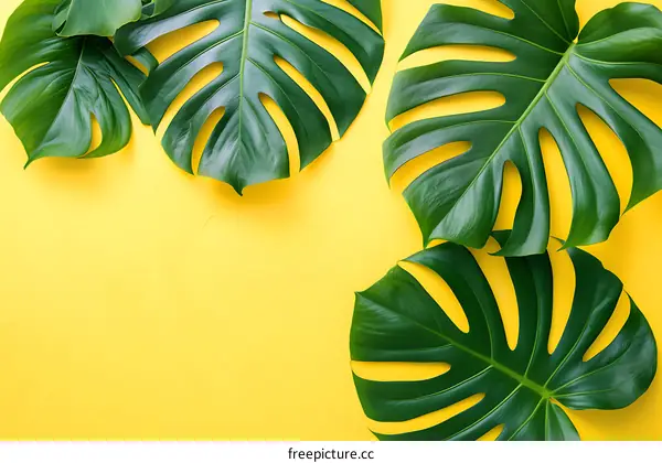 Tropical Monstera Leaves on Yellow Background