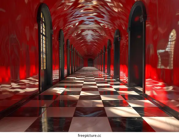 Red and White Checkered Floor Hallway with Red Walls