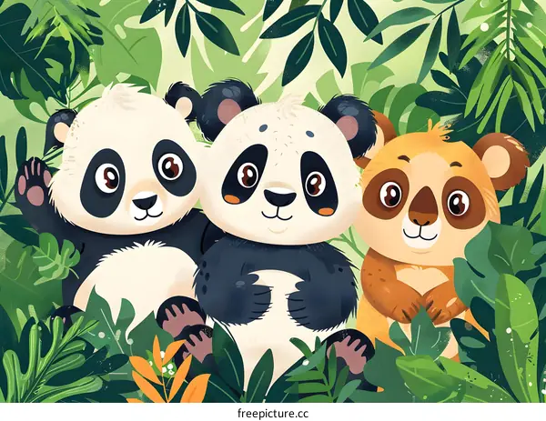 Cute Cartoon Pandas and a Bear in the Jungle